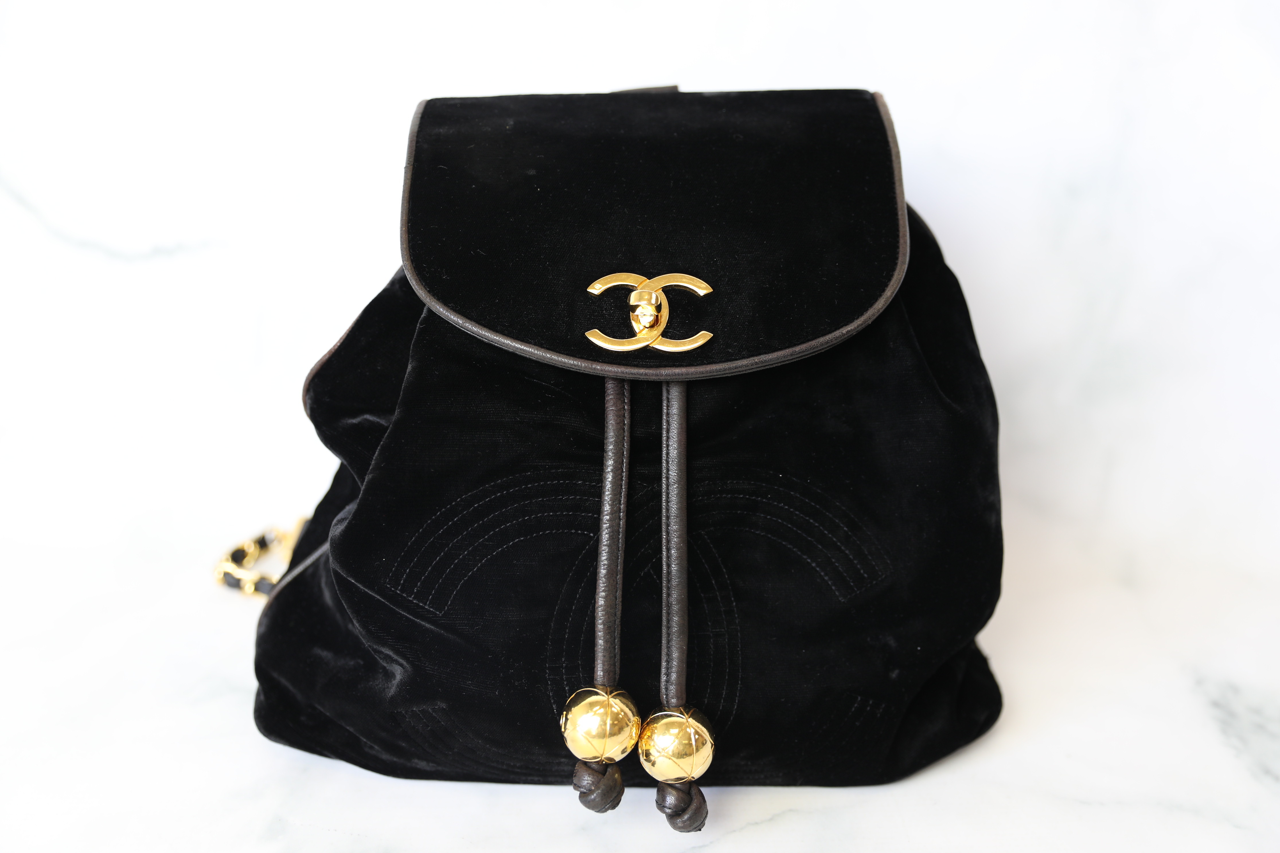 Chanel Vintage Backpack, Black Velvet with Gold Hardware, Preowned No  Dustbag WA001