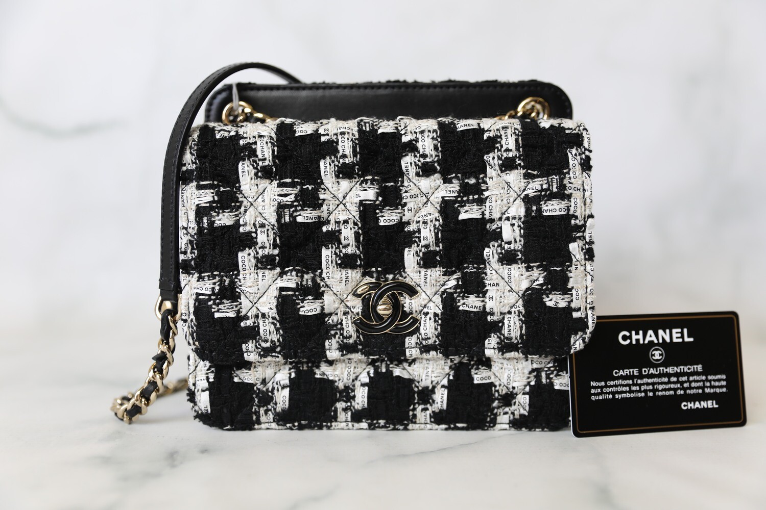 Chanel Seasonal Flap, Black and White Ribbon Tweed with Gold Hardware,  Preowned in Box WA001