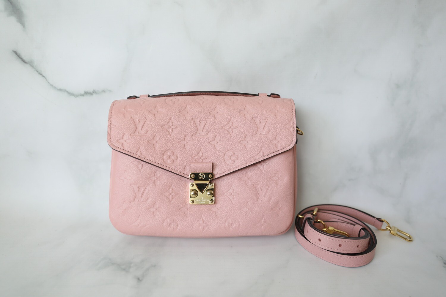 Louis Vuitton Pochette Metis, Monogram Empreinte Pink Leather With Gold  Hardware, Preowned In Box, WA001