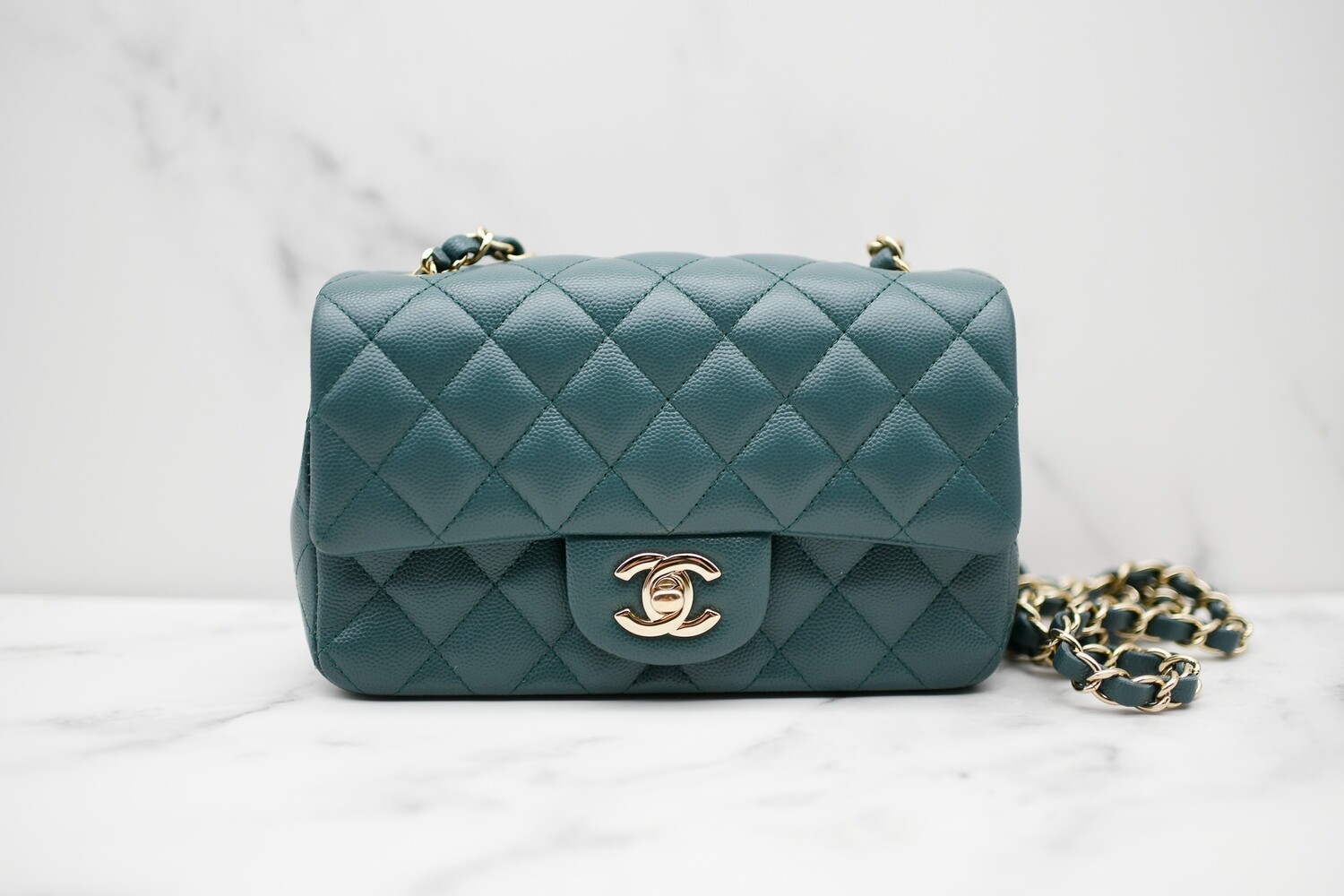 Chanel Mini Rectangle, 17B Dark Turquoise Green Caviar Leather with Shiny  Gold Hardware, Preowned In Box GA002