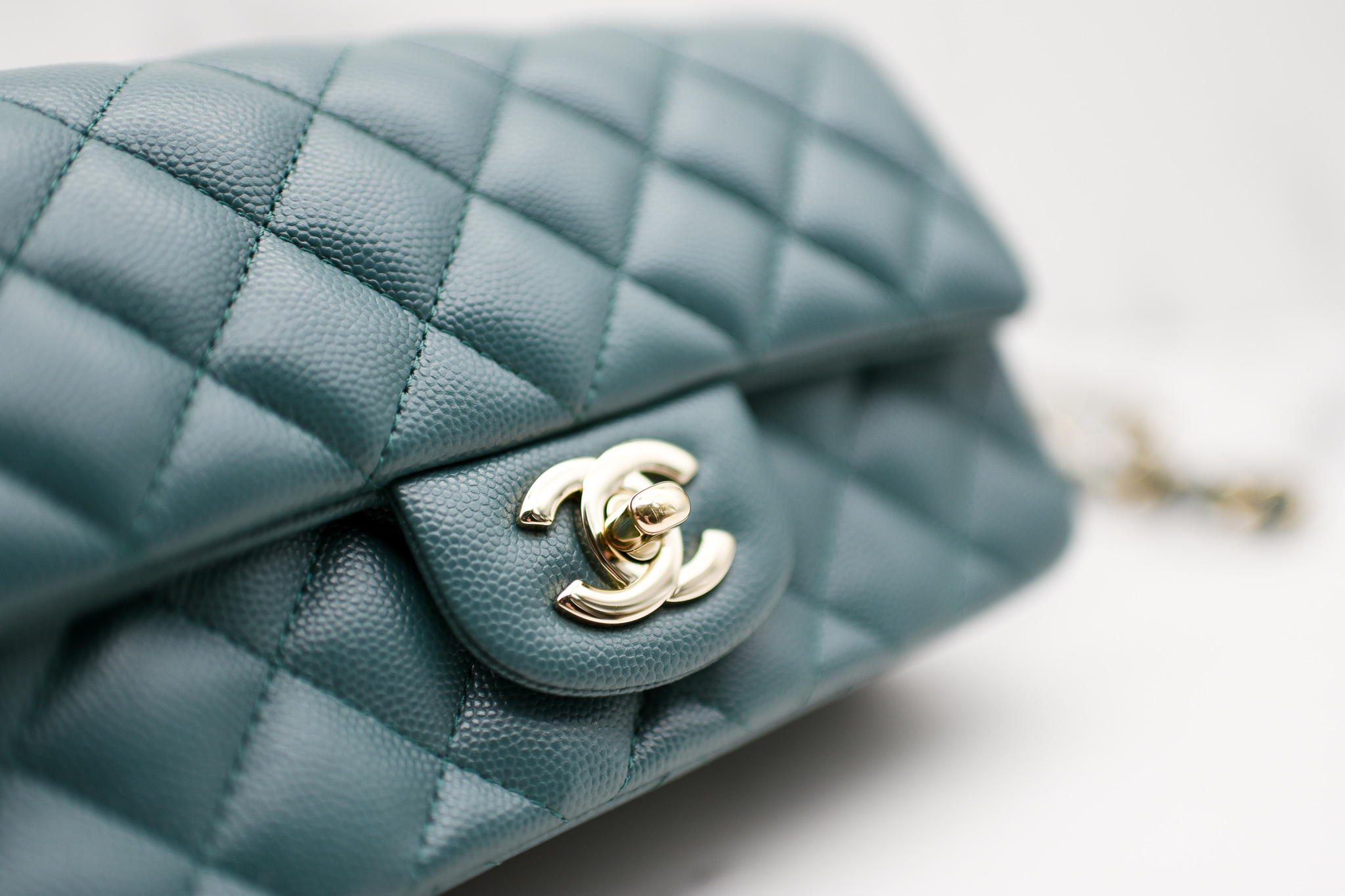 Chanel Mini Rectangle, 17B Dark Turquoise Green Caviar Leather with Shiny  Gold Hardware, Preowned In Box GA002