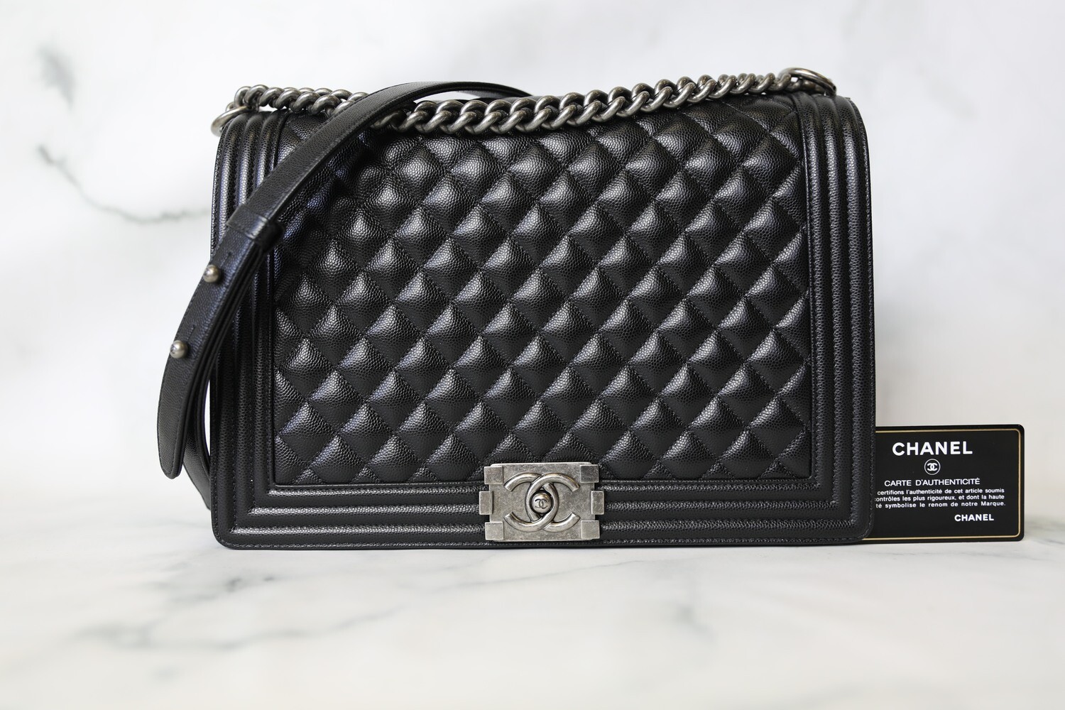 Chanel Boy Large, Black Caviar with Ruthenium Hardware, Preowned in Box WA001