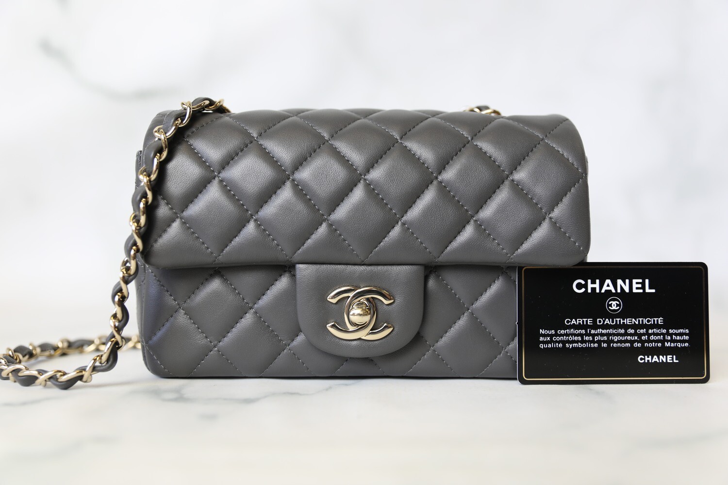Chanel Classic Mini Rectangular, Grey Lambskin with Gold Hardware, Preowned  in Box WA001