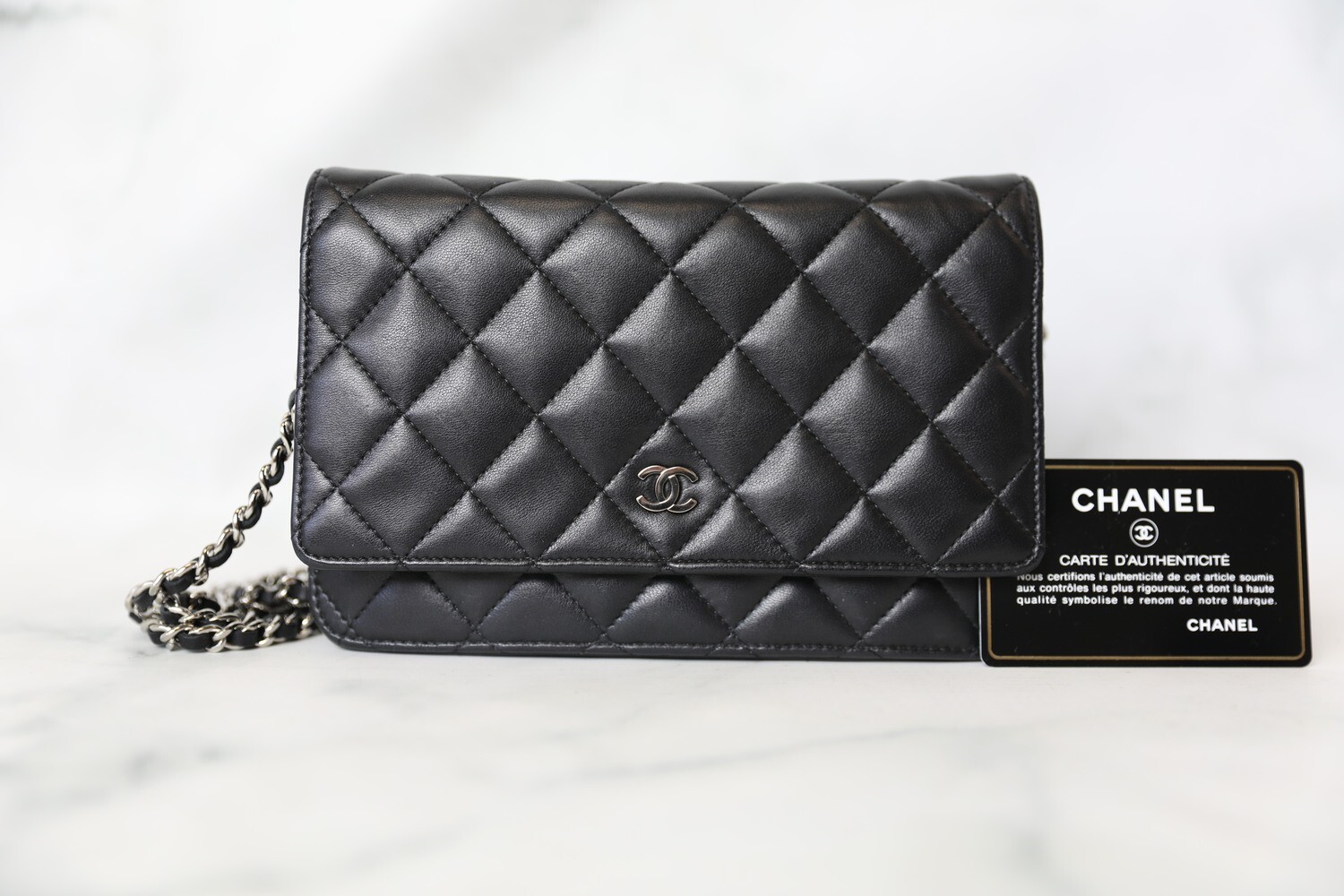 Chanel Classic Wallet on Chain, Black Lambskin with Silver Hardware,  Preowned in Box WA001