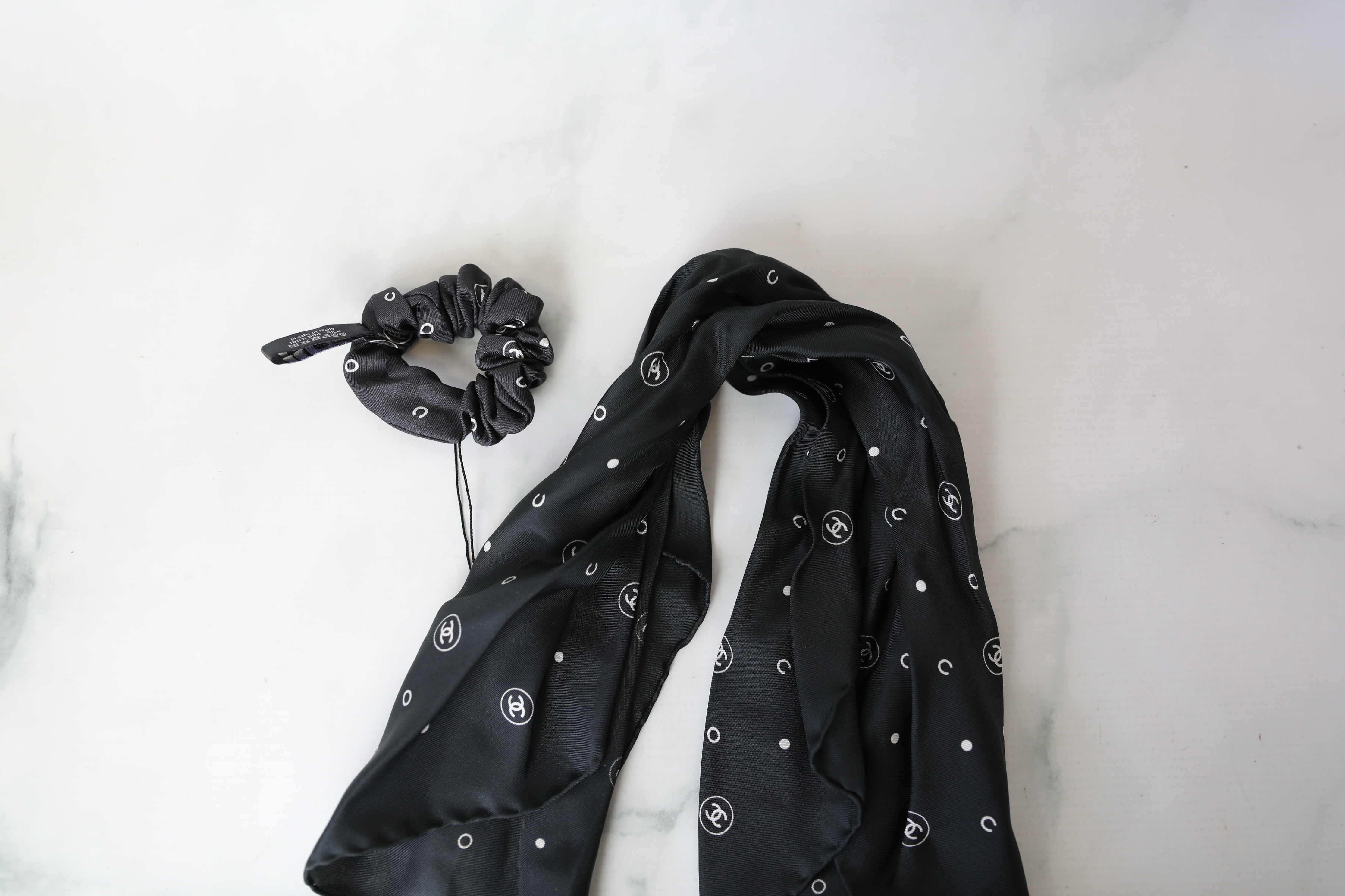 CHANEL, Accessories, Nwt Chanel 0 Silk Twill Ribbon Bow Logo Camellias  Detail Scrunchie Hair Tie