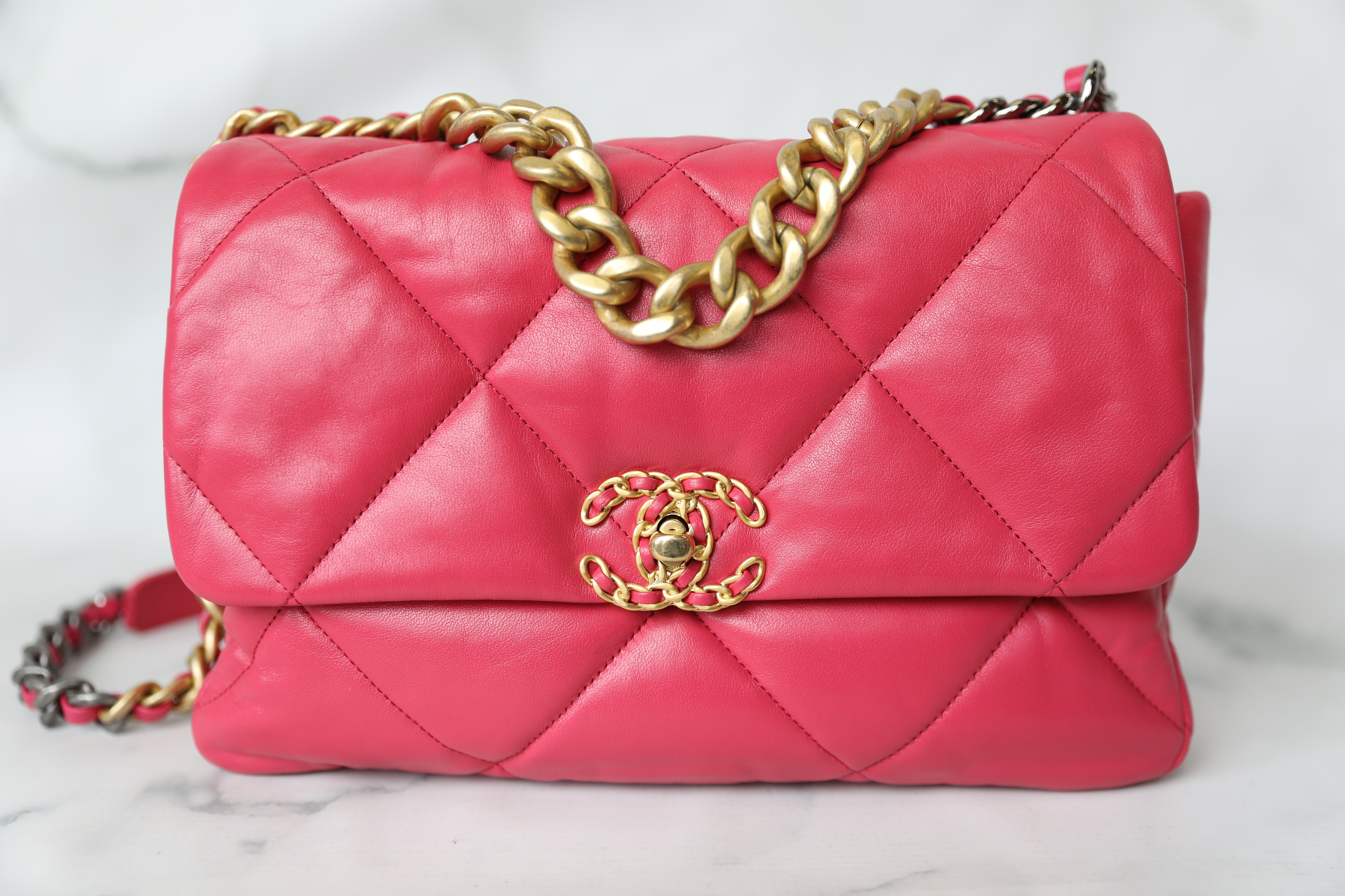 Chanel 19 Small, Bright Pink Lambskin Leather, Preowned in Box WA001
