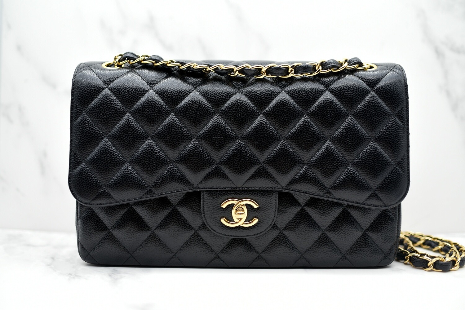 Chanel Classic Jumbo Double Flap, Black Caviar Leather, Gold Hardware,  Preowned Condition in Black Dustbag and Box GA003