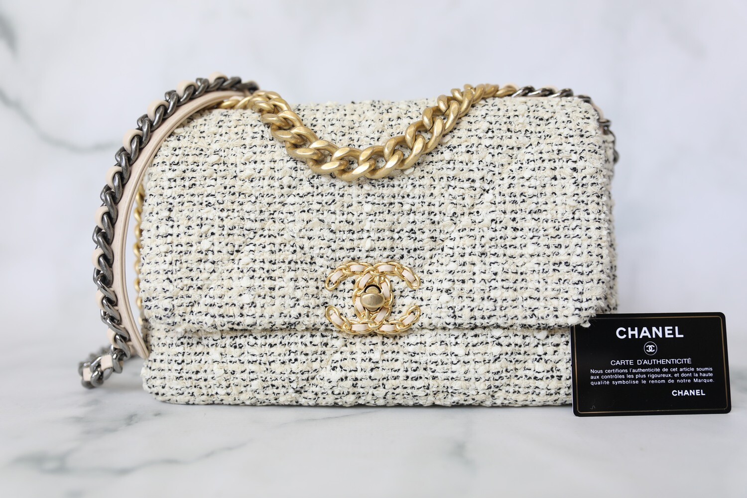 Chanel 19 Small, Black and White Tweed with Mixed Tone Hardware, Preowned  in Dustbag WA001