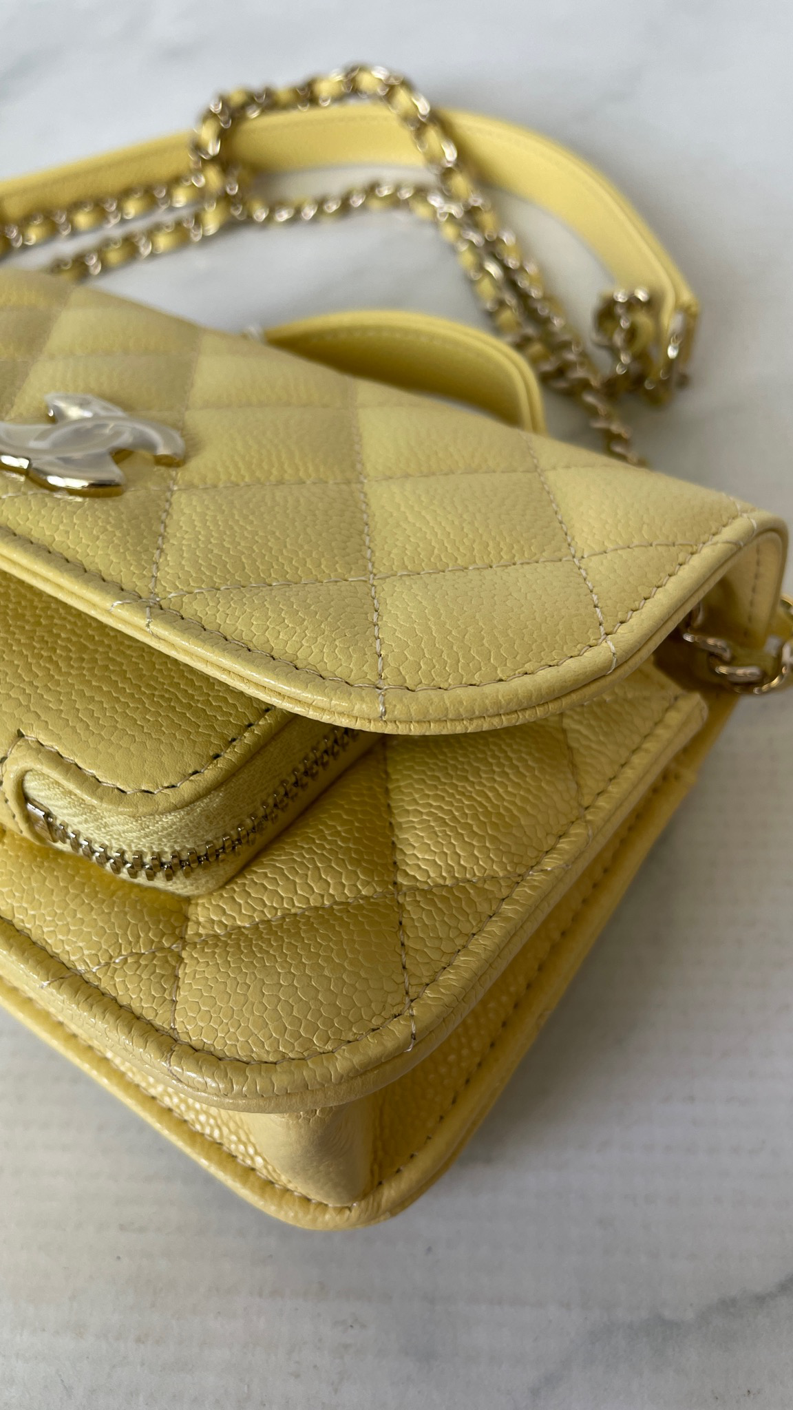 CHANEL Caviar Quilted Business Affinity Clutch With Chain Flap Yellow  1276888