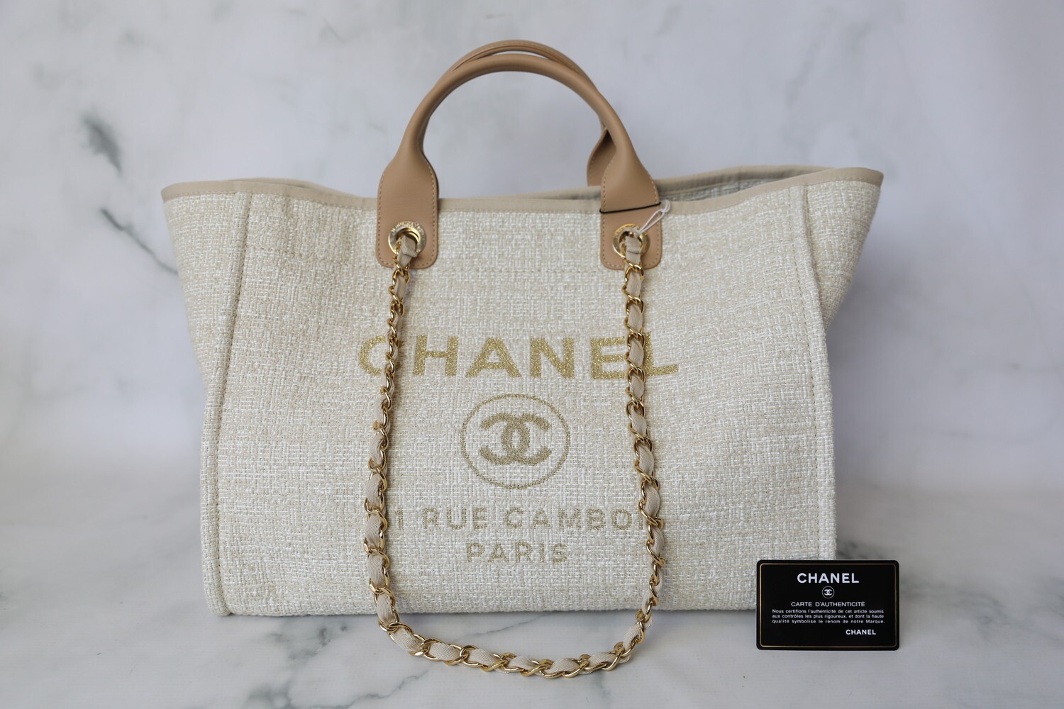Chanel Deauville Large, Tan and Beige, Preowned in Box WA001