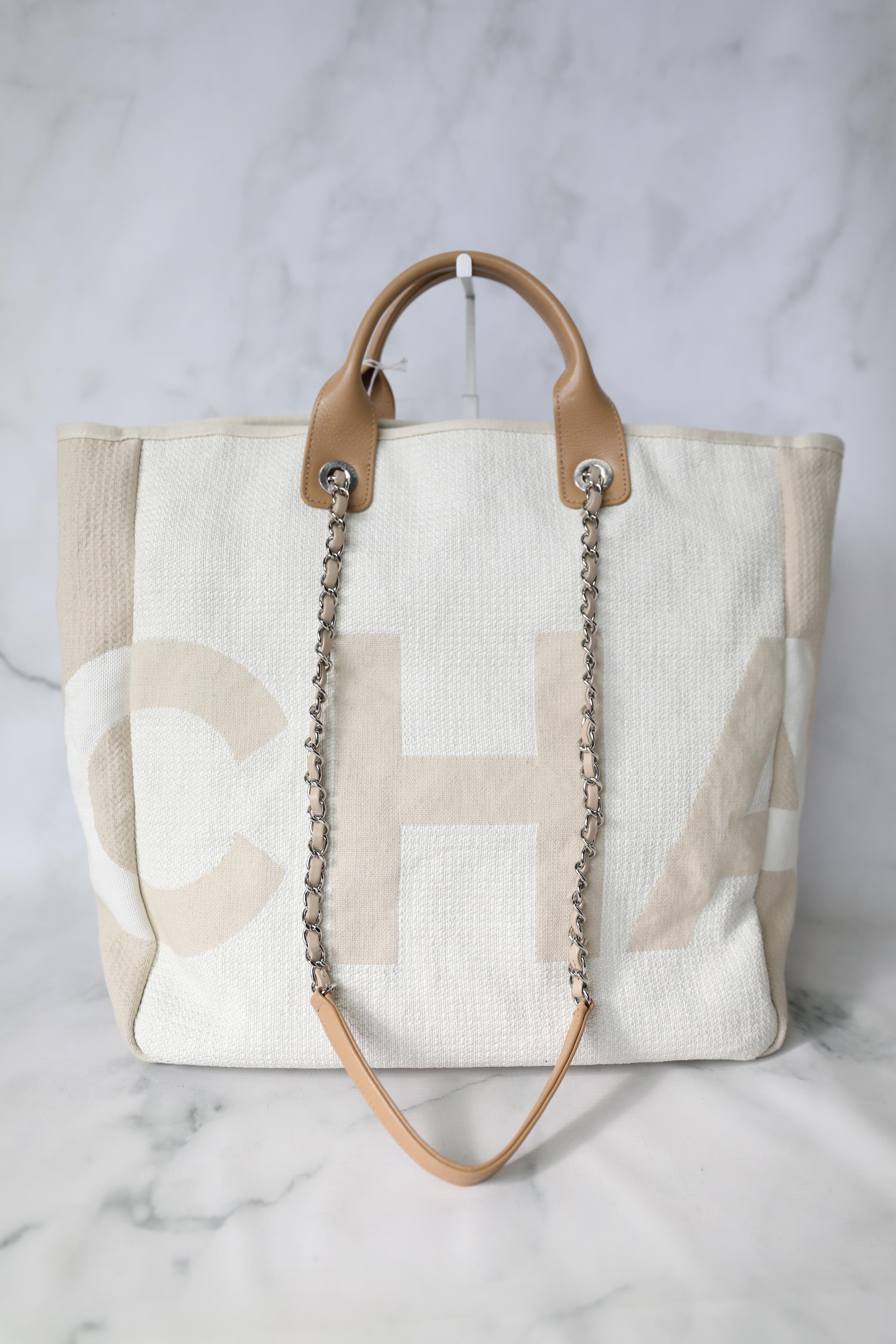 Chanel Deauville Large, Beige and White Striped Canvas with Gold Hardware,  Preowned in Dustbag WA001