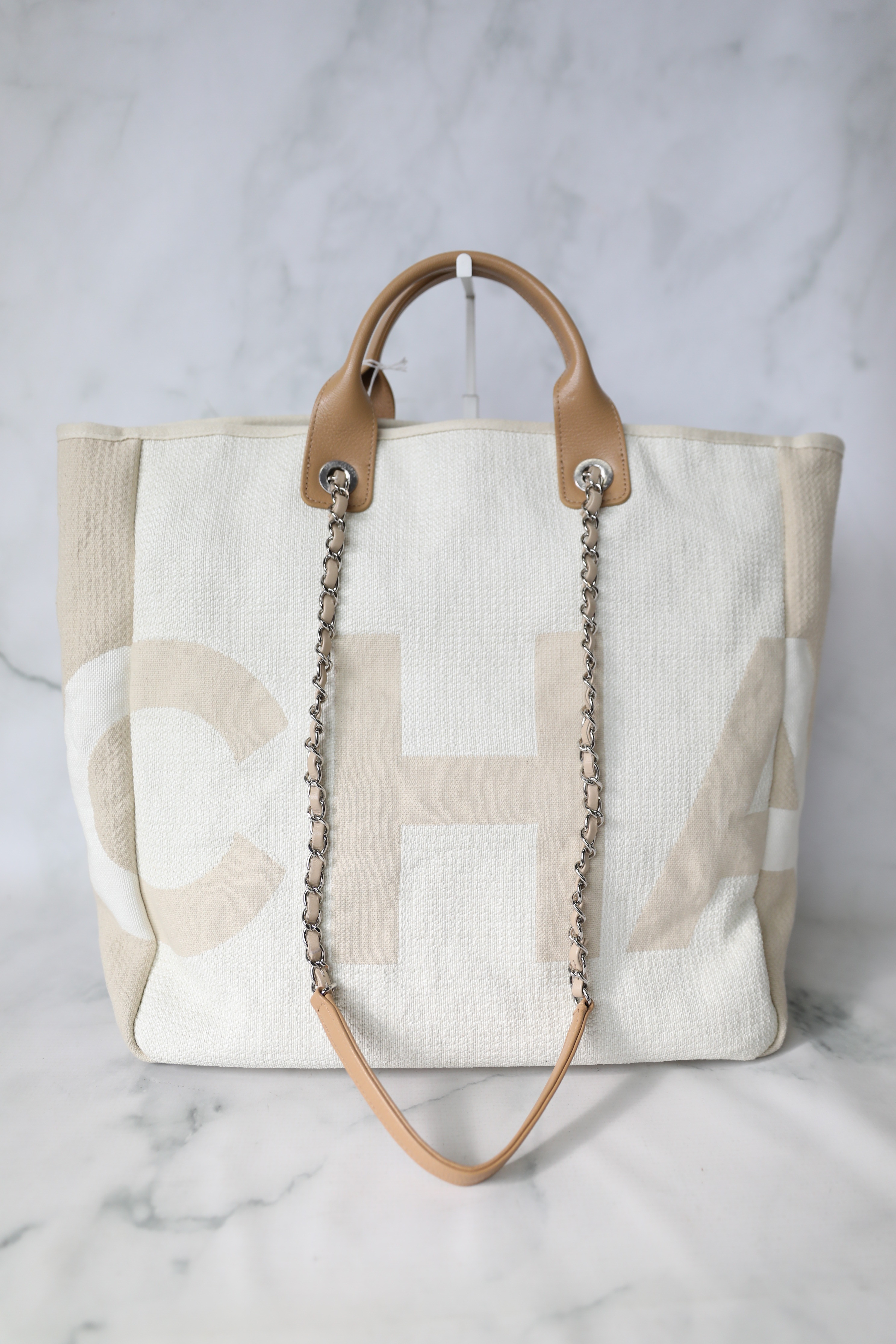 Chanel Tote Deauville, Beige with Silver Hardware, CHA NEL, Preowned in Box  WA001