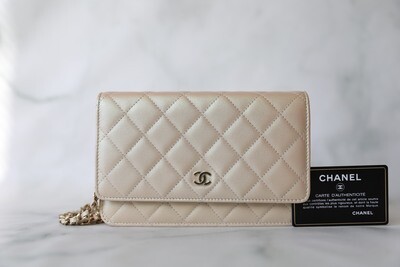 Chanel Classic Wallet on Chain, Beige Iridescent Calfskin with Gold Hardware, Preowned in Box WA001