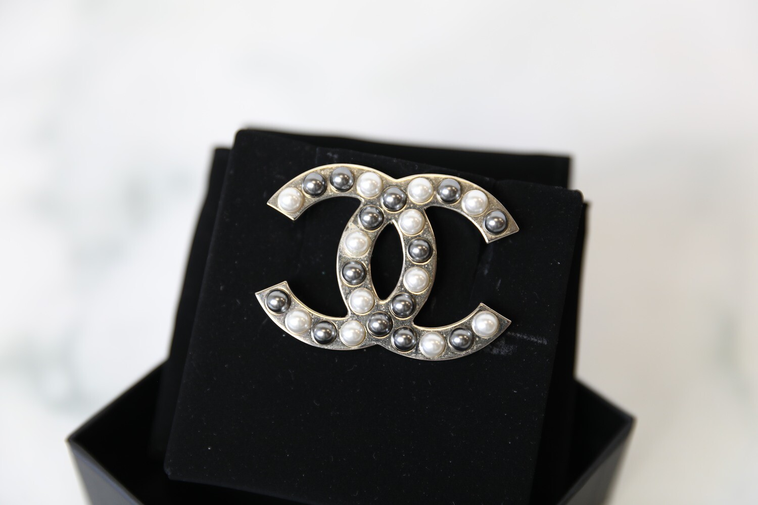 Chanel Brooch, Black and White Pearl, Preowned in Box WA001