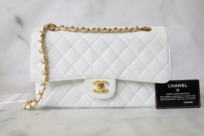 Chanel Vintage Medium Flap, White Caviar with Gold Hardware, Preowned in Box WA001