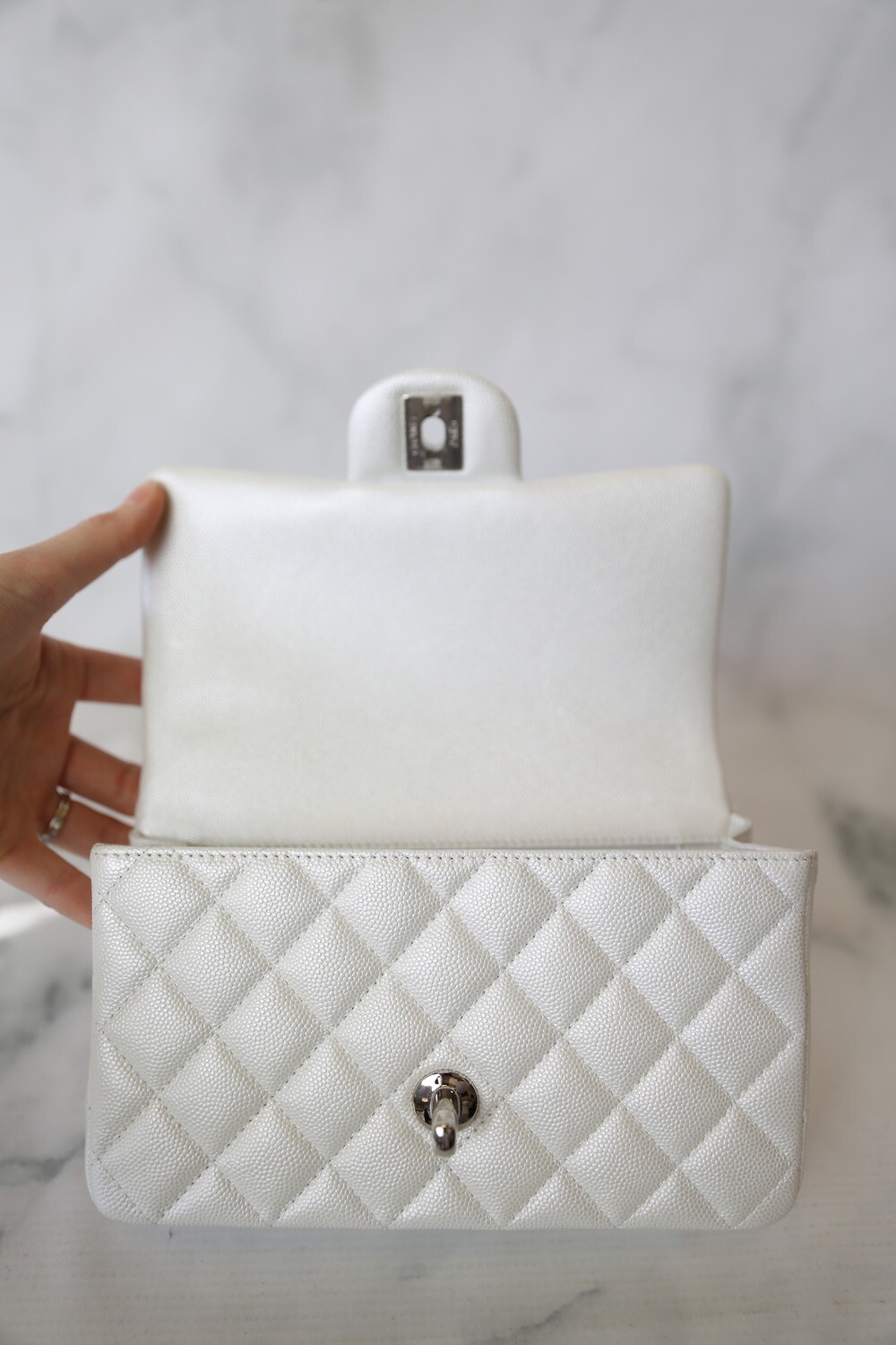 Chanel Top Handle Mini Rectangular, Iridescent White Caviar with