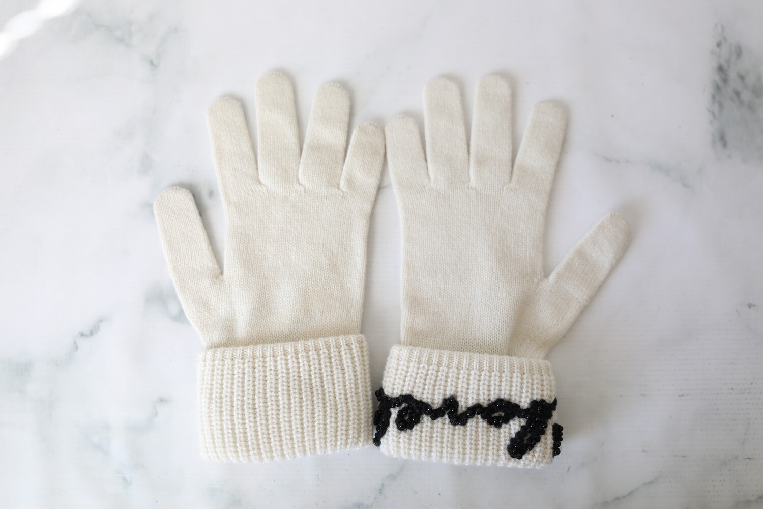 Chanel Cashmere Gloves, White Cashmere with Black Beaded Script, New in Tissue WA001