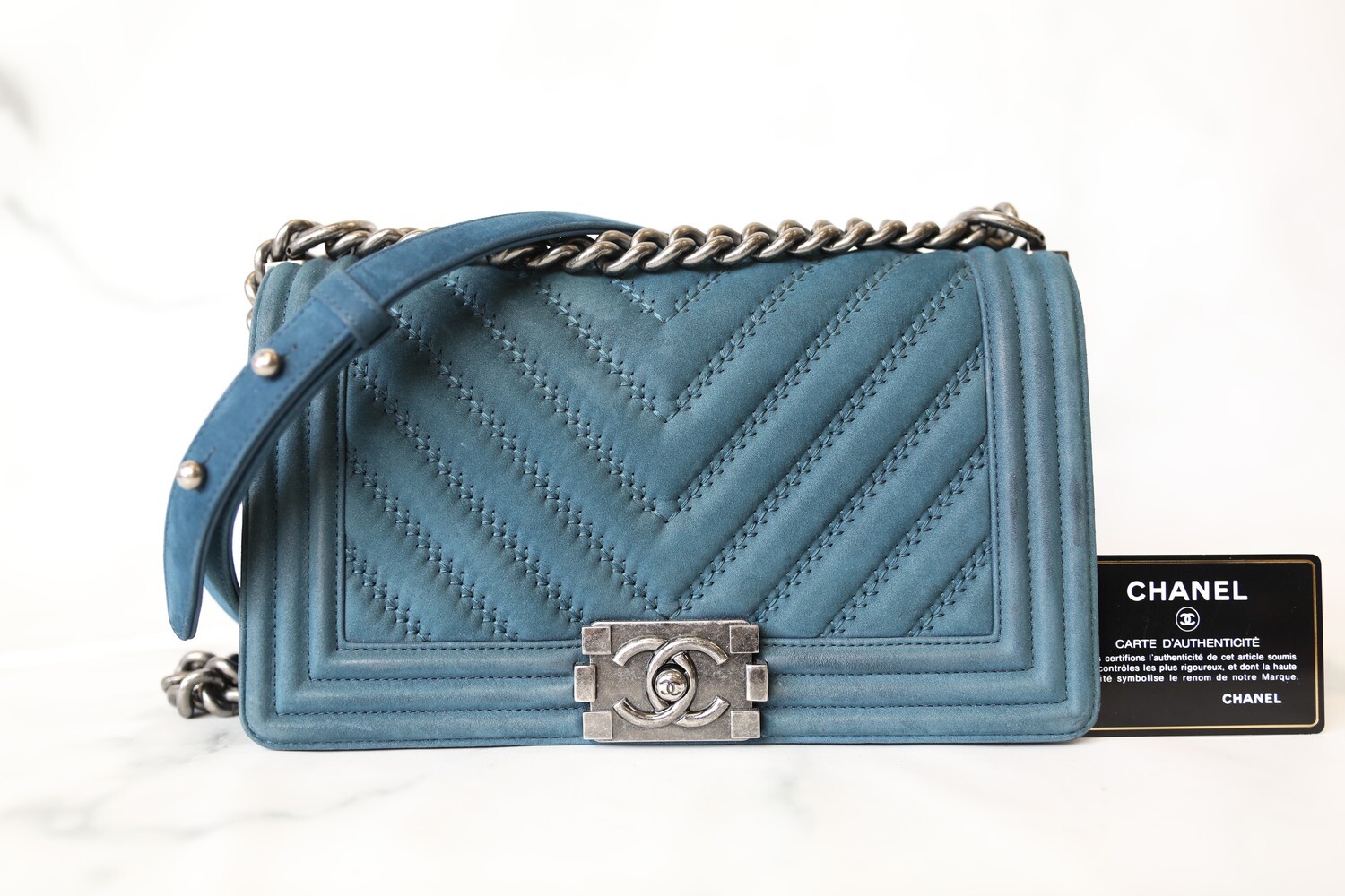 Chanel Boy Old Medium, Blue Suede Chevron Leather with Ruthenium Hardware, Preowned in Box WA001