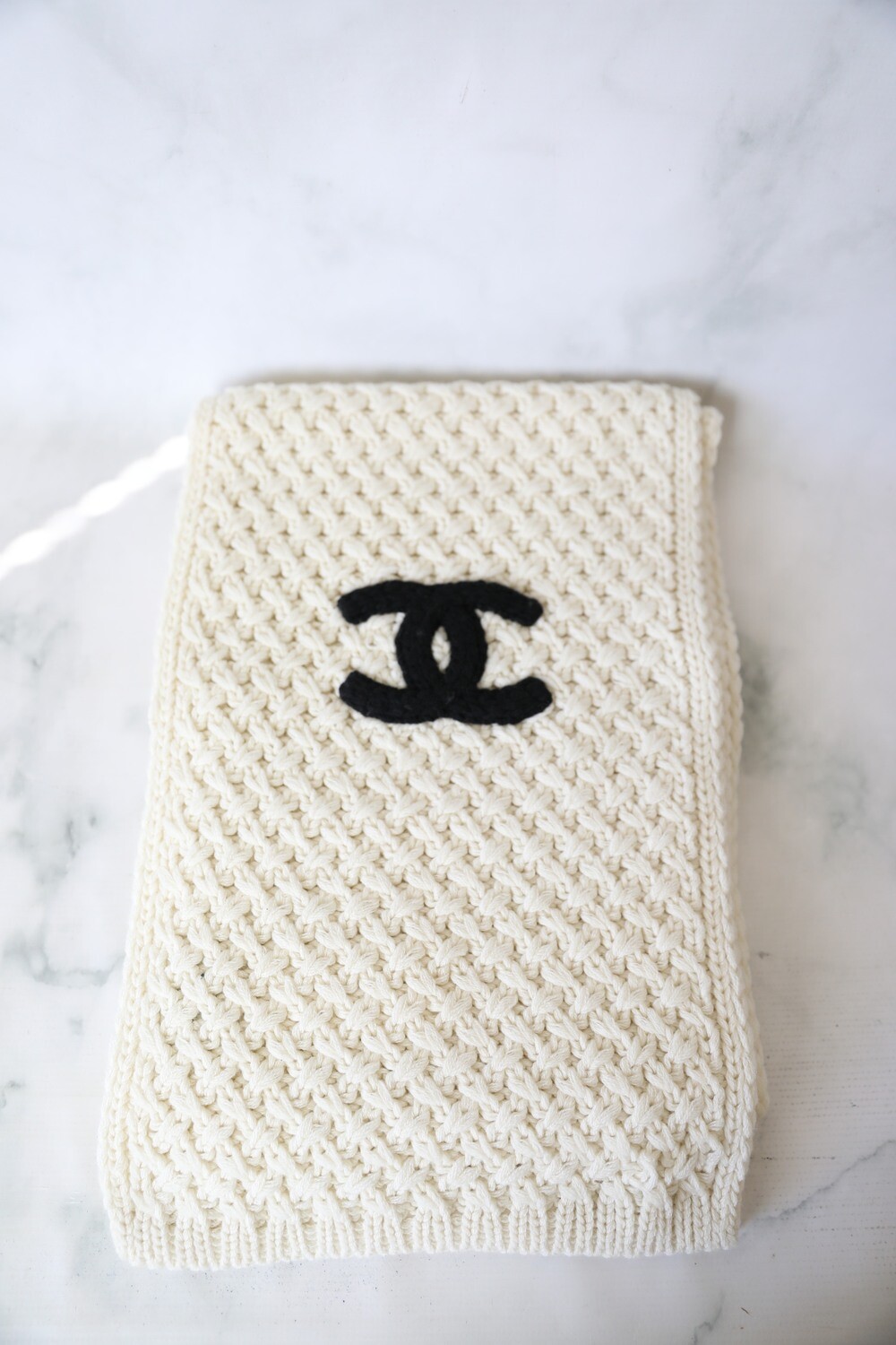 Chanel Cashmere Knit Scarf, White with Black CC, New in Tissue