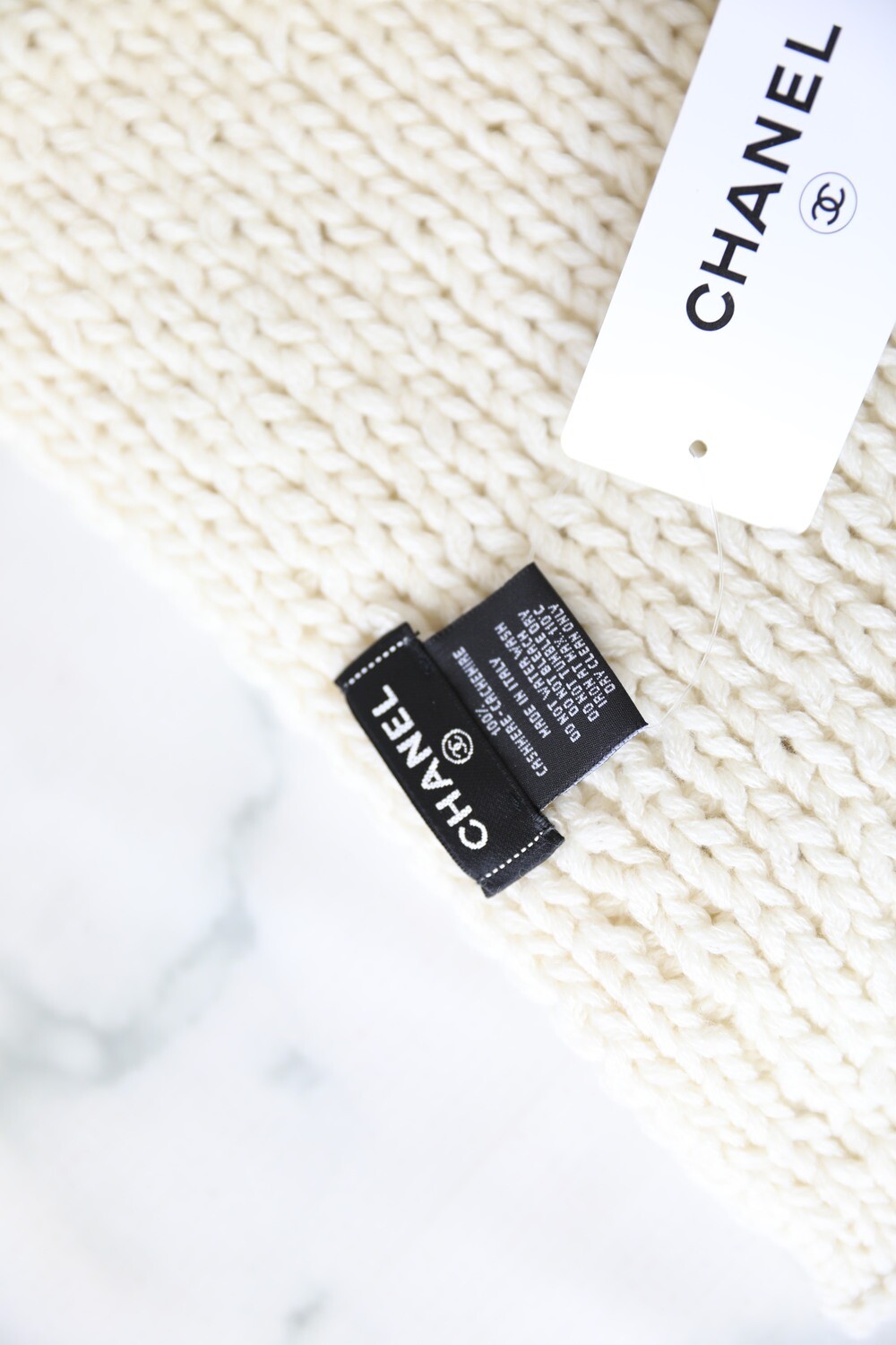Chanel Cashmere Knit Scarf, White with Black CC, New in