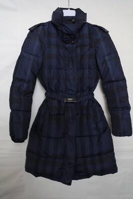 Burberry Long Puff Down Coat, Navy Blue Stripe, Size XS, Preowned WA001
