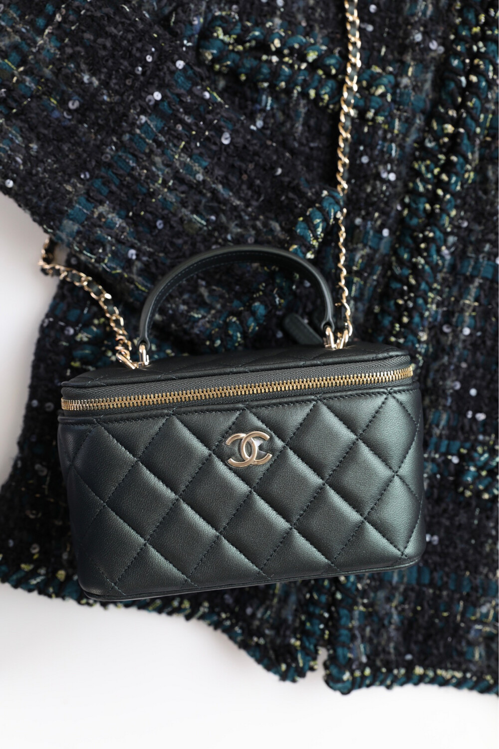 Chanel Top Handle Vanity with Chain, 22A Dark Green Lambskin with Gold  Hardware, New in Box
