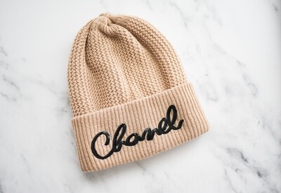 Chanel Beanie Hat, Dark Beige Knit with Black Sequin Script, New No Box GA001