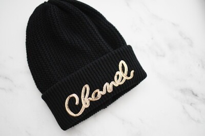 Chanel Beanie Hat, Black Knit with Gold Sequin Script, New No Box GA001