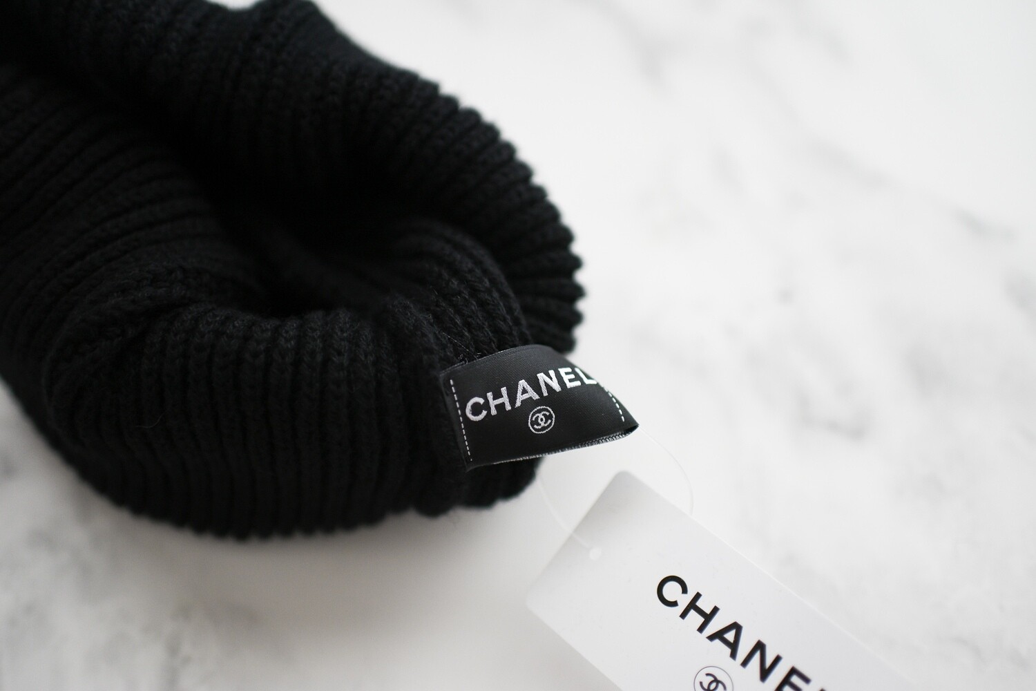 Chanel Beanie Hat, Black Knit with Gold Sequin Script, New 