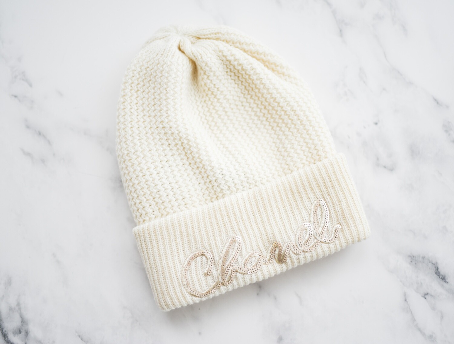 Chanel Beanie Hat, Ivory Knit with White Sequin Script, New No Box GA001