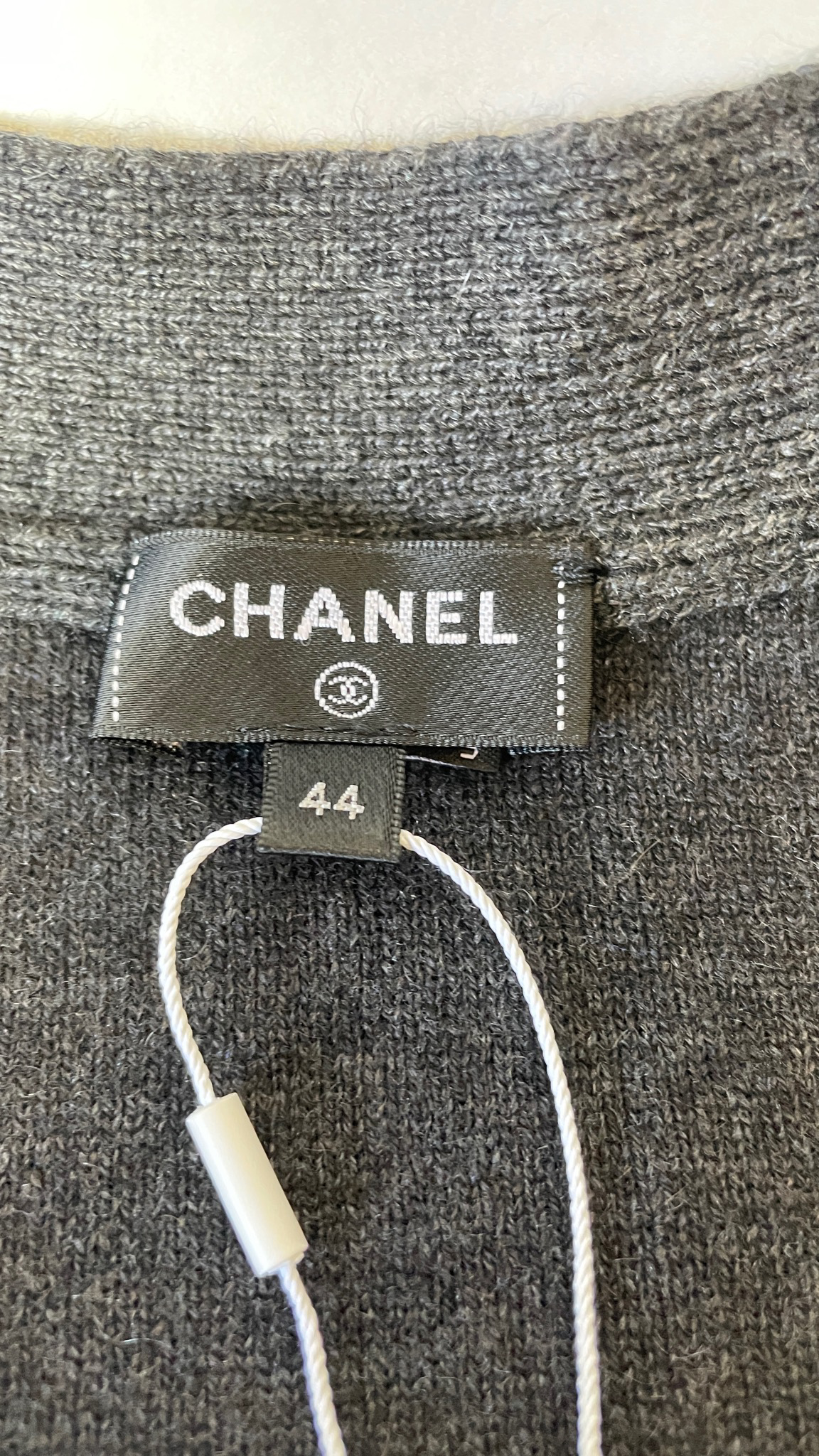 Chanel Cardigan Sweater, Grey with Silver CC, Size 44, New with Tag WA001