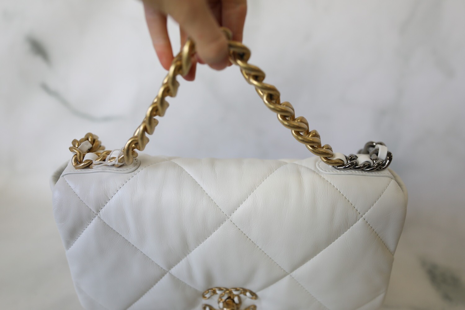 Chanel 19 Large, White Goatskin Leather with Mixed Tone Hardware