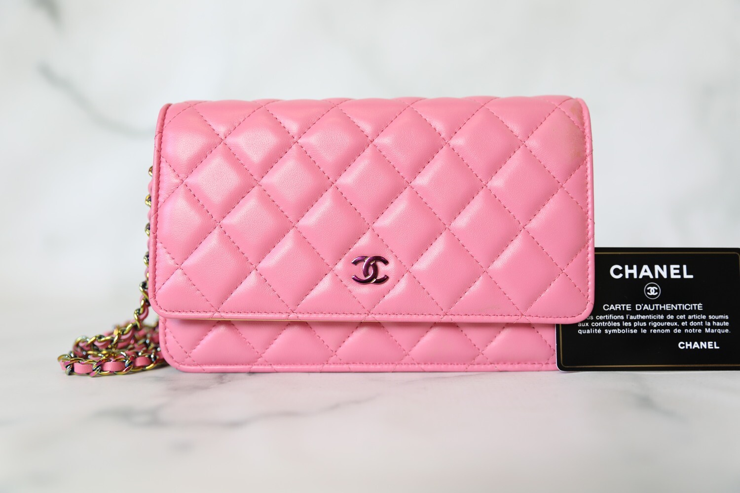 Chanel Classic Wallet on Chain, Pink Lambskin with Rainbow Hardware,  Preowned in Box WA001