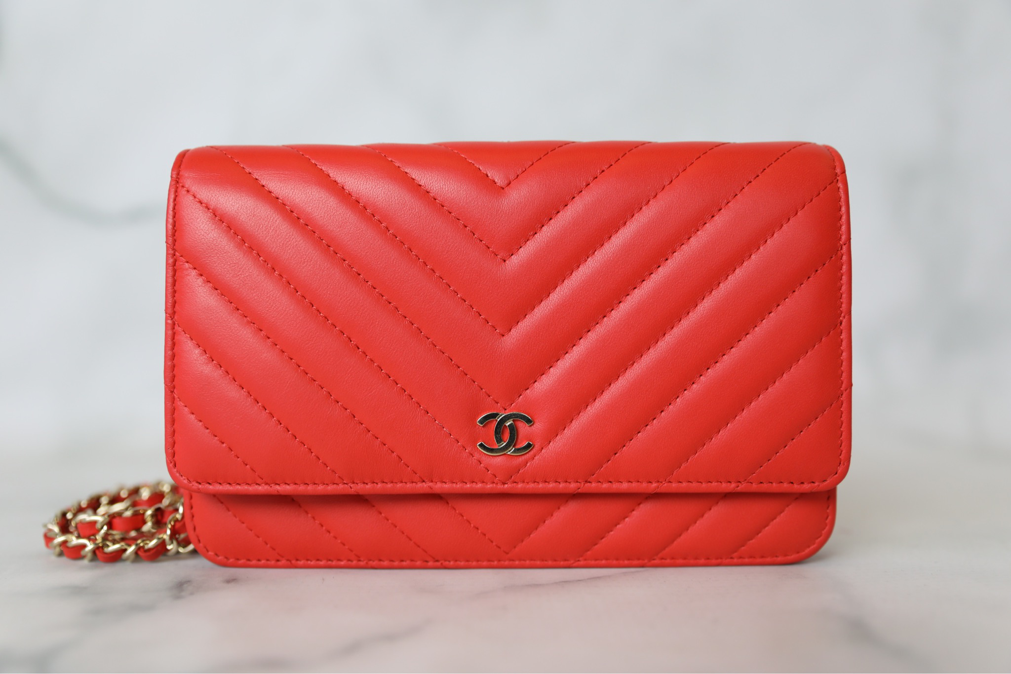 Chanel Classic Wallet on Chain, 17C Chevron Red Lambskin with Gold  Hardware, Preowned in Box WA001