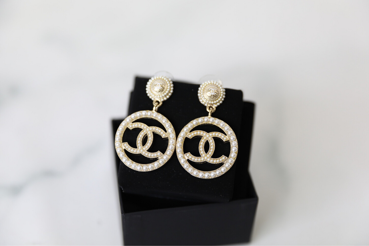 Chanel Drop Earrings, Pearl Circle and Golden, New in Box WA001