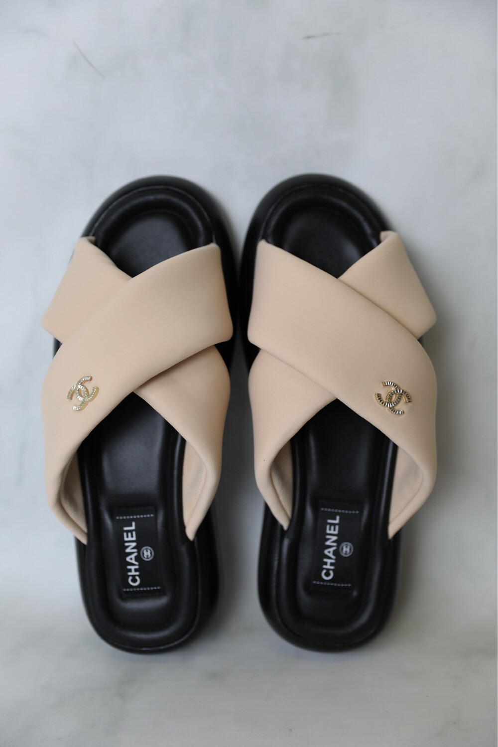 Chanel Shoes Crossover Slide Sandals, Beige Fabric, Size 41, New in Box  WA001