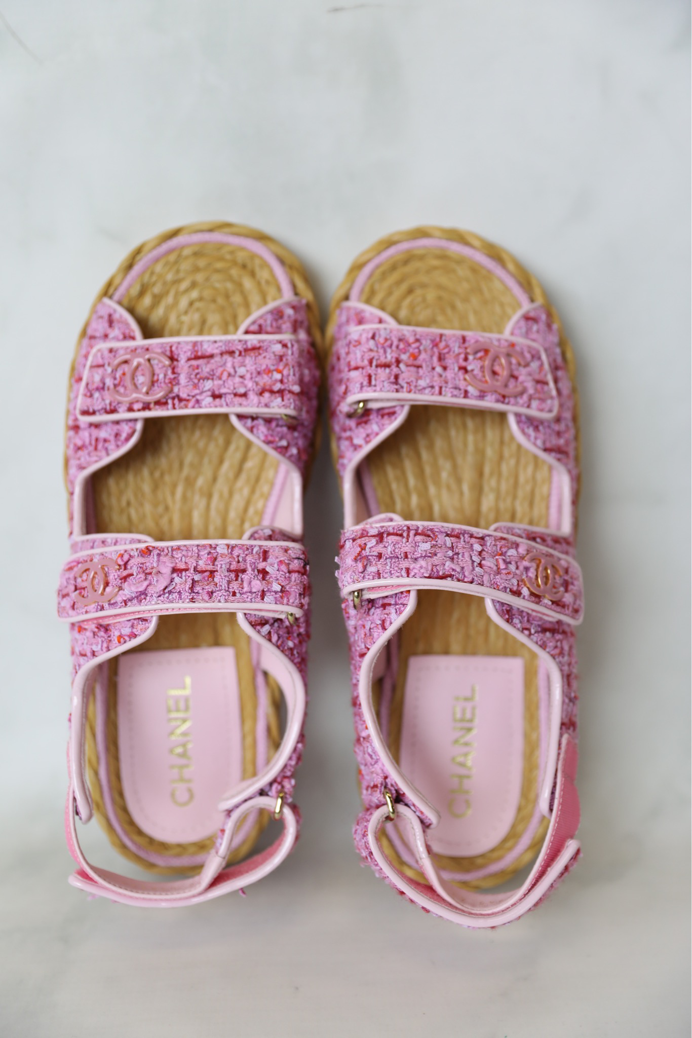 Chanel Sandals Dad Pink Tweed, Size 37, New in Box WA001