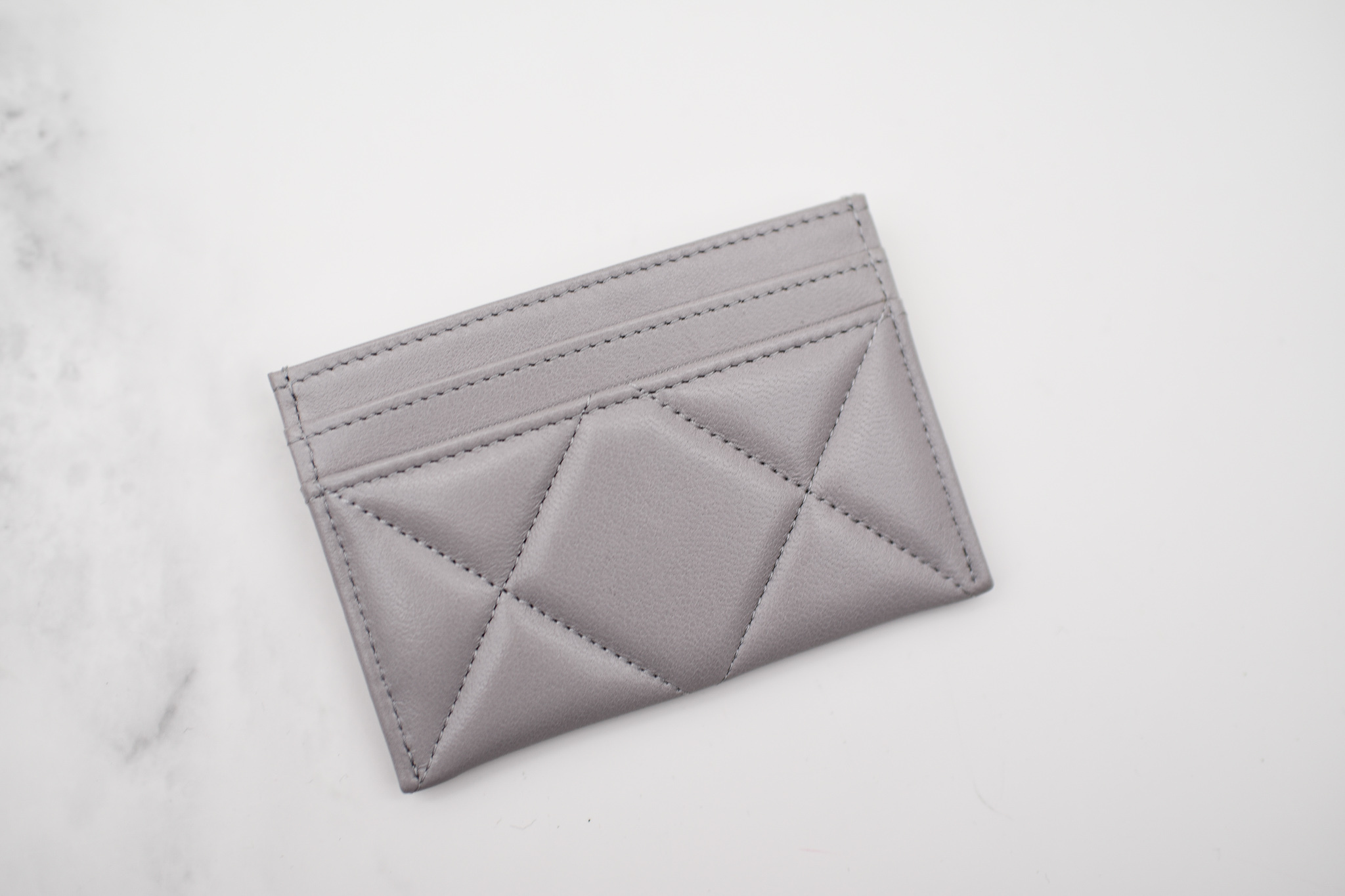 Chanel 19 SLG Flat Cardholder, Gray Lambskin Leather, Silver