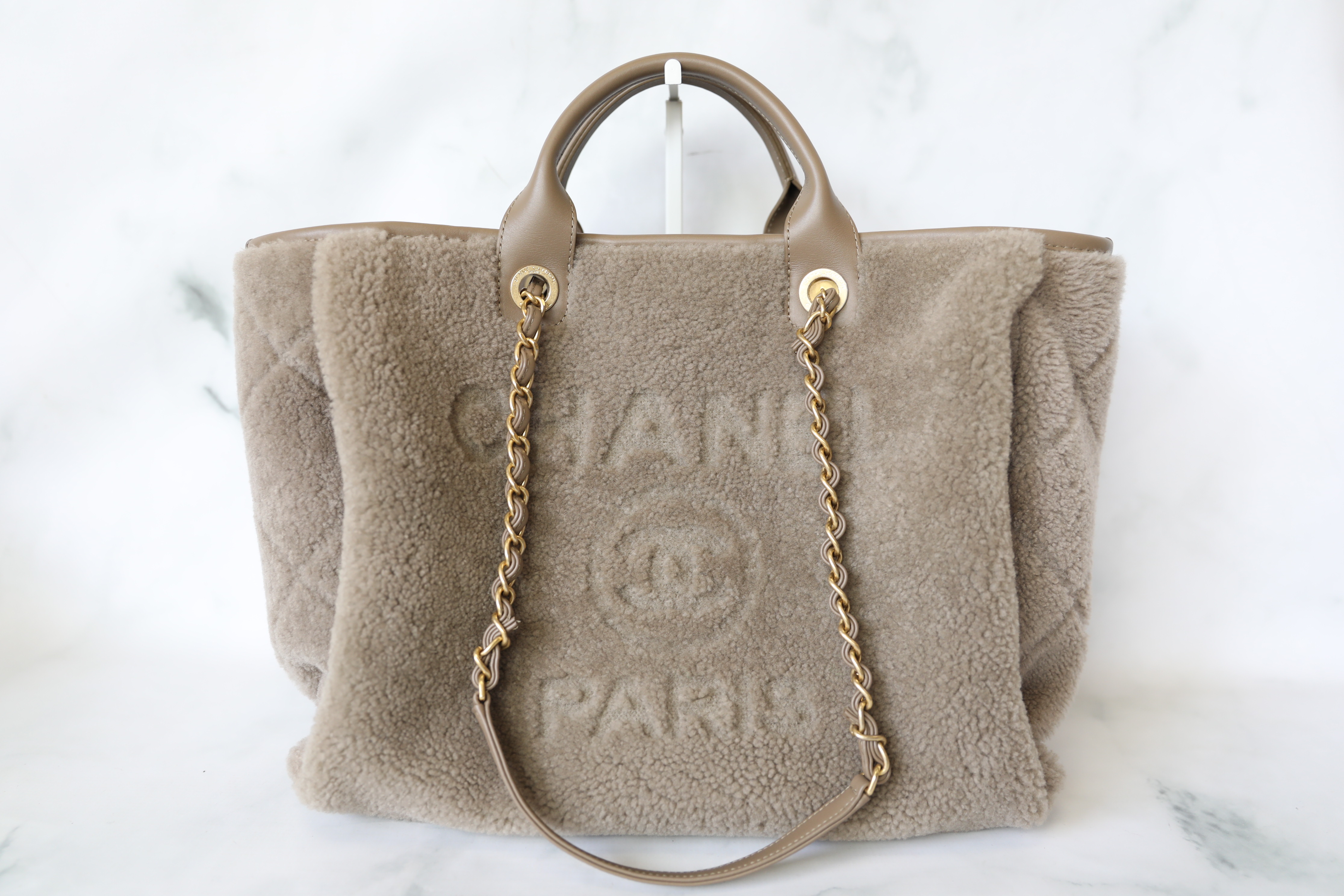 Chanel Deauville Large, Beige and Tan Striped Canvas with Gold Hardware,  Preowned No Dustbag WA001