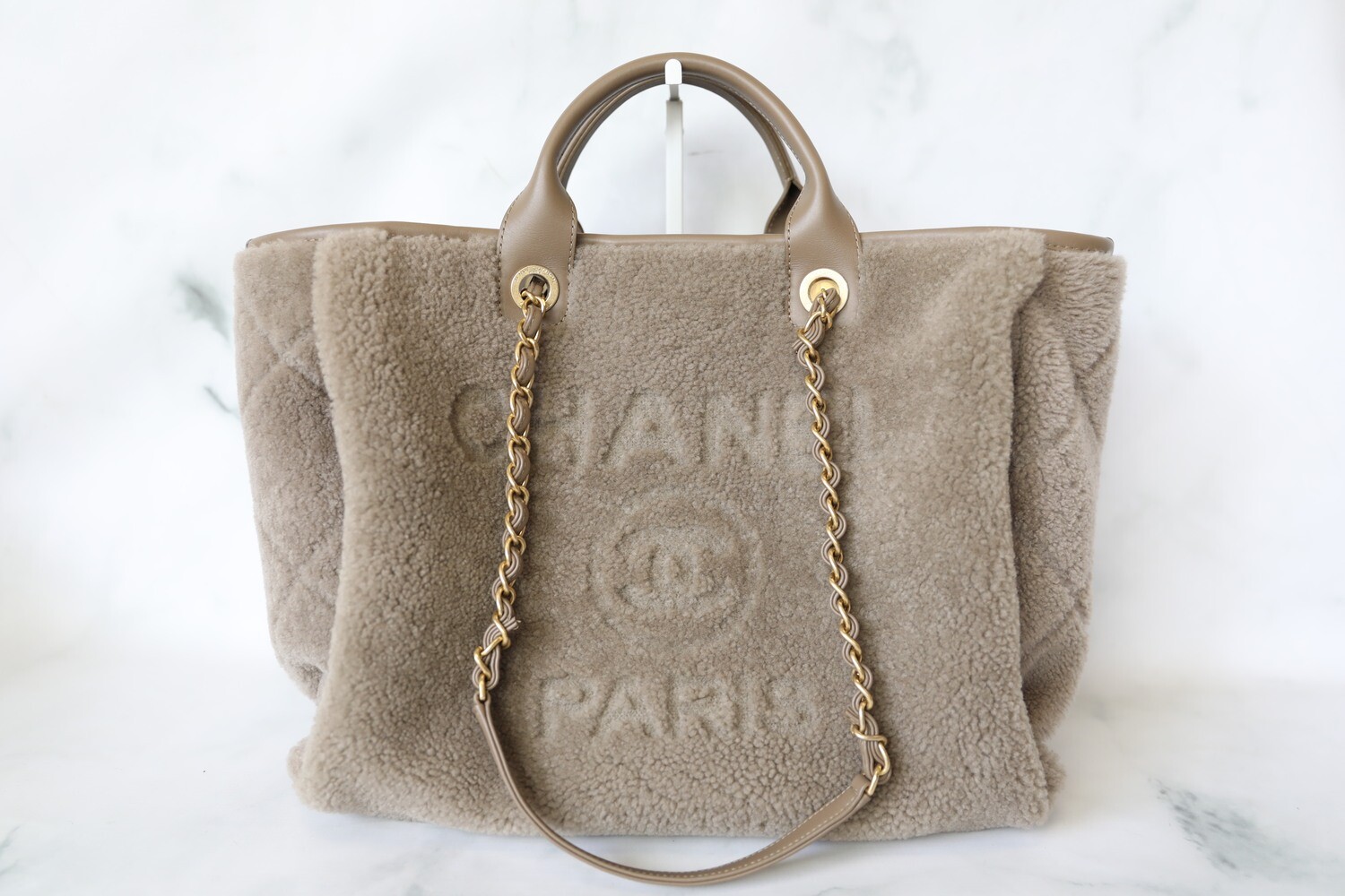 Chanel Deauville Large, Taupe Brown Shearling with Gold Hardware, Preowned  in Box