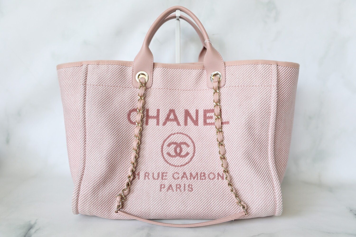 Chanel Deauville Large, Pink and White Striped Canvas with Shiny