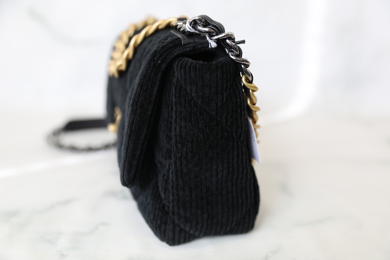 Chanel 19 Small, Black Velvet Corduroy, Preowned in Box WA001 Chanel 19 Small, Black Velvet Corduroy, Preowned in Box WA001