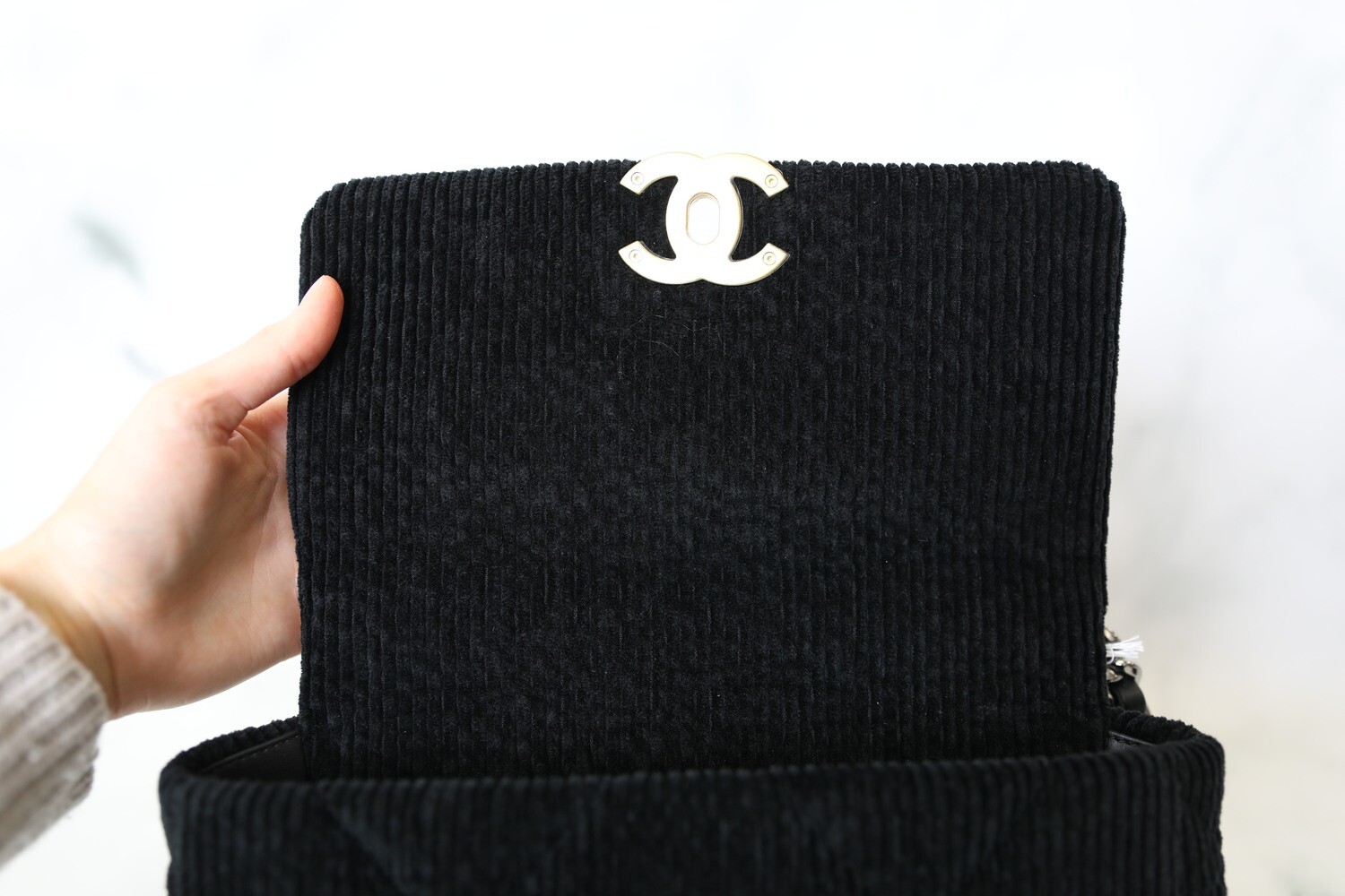 Chanel 19 Small, Black Velvet Corduroy, Preowned in Box WA001 Chanel 19 Small, Black Velvet Corduroy, Preowned in Box WA001