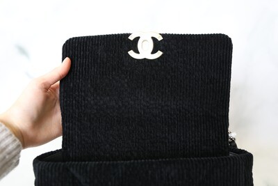 Chanel 19 Small, Black Velvet Corduroy, Preowned in Box WA001