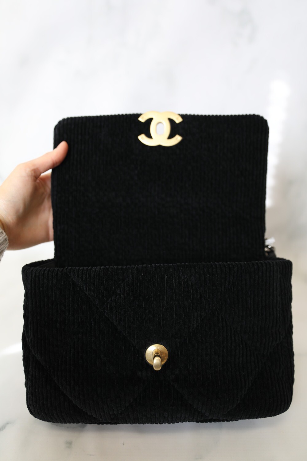 Chanel 19 Small, Black Velvet Corduroy, Preowned in Box WA001 Chanel 19 Small, Black Velvet Corduroy, Preowned in Box WA001