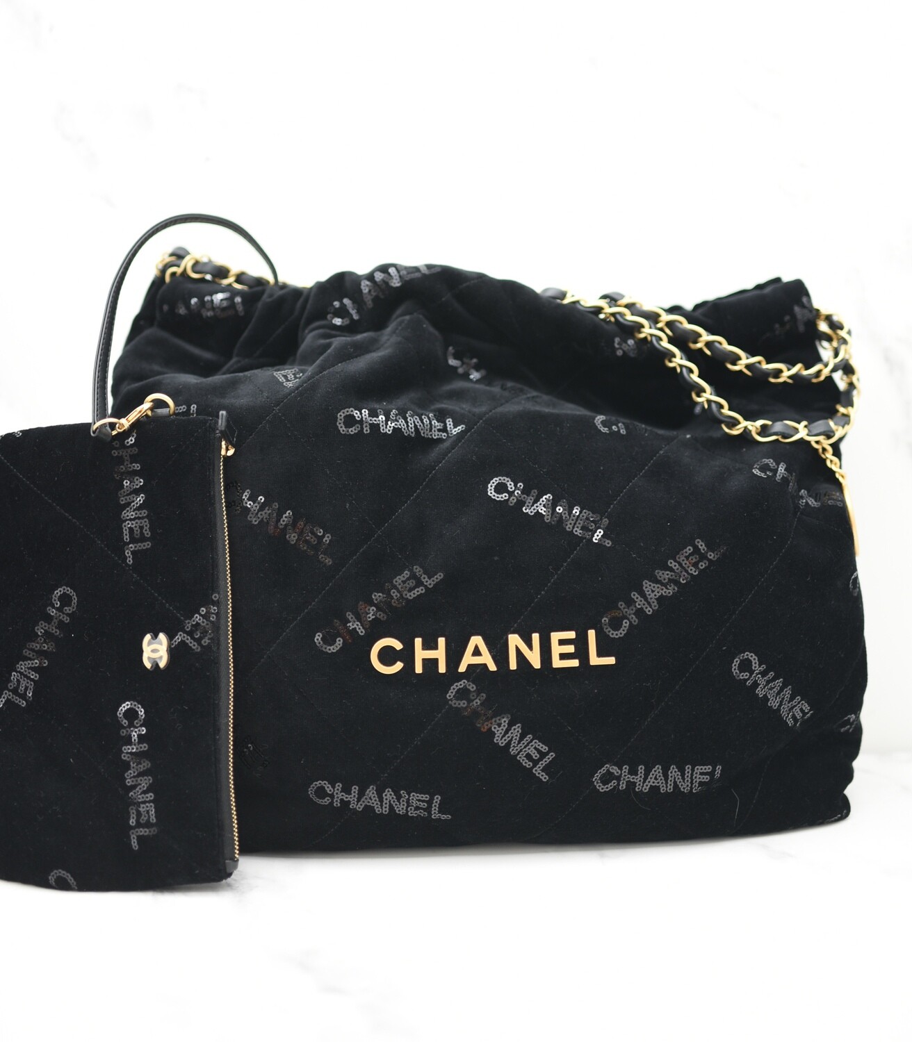 Chanel 22 Small, Black Velvet with Sequin, Gold Hardware, New in Box GA002