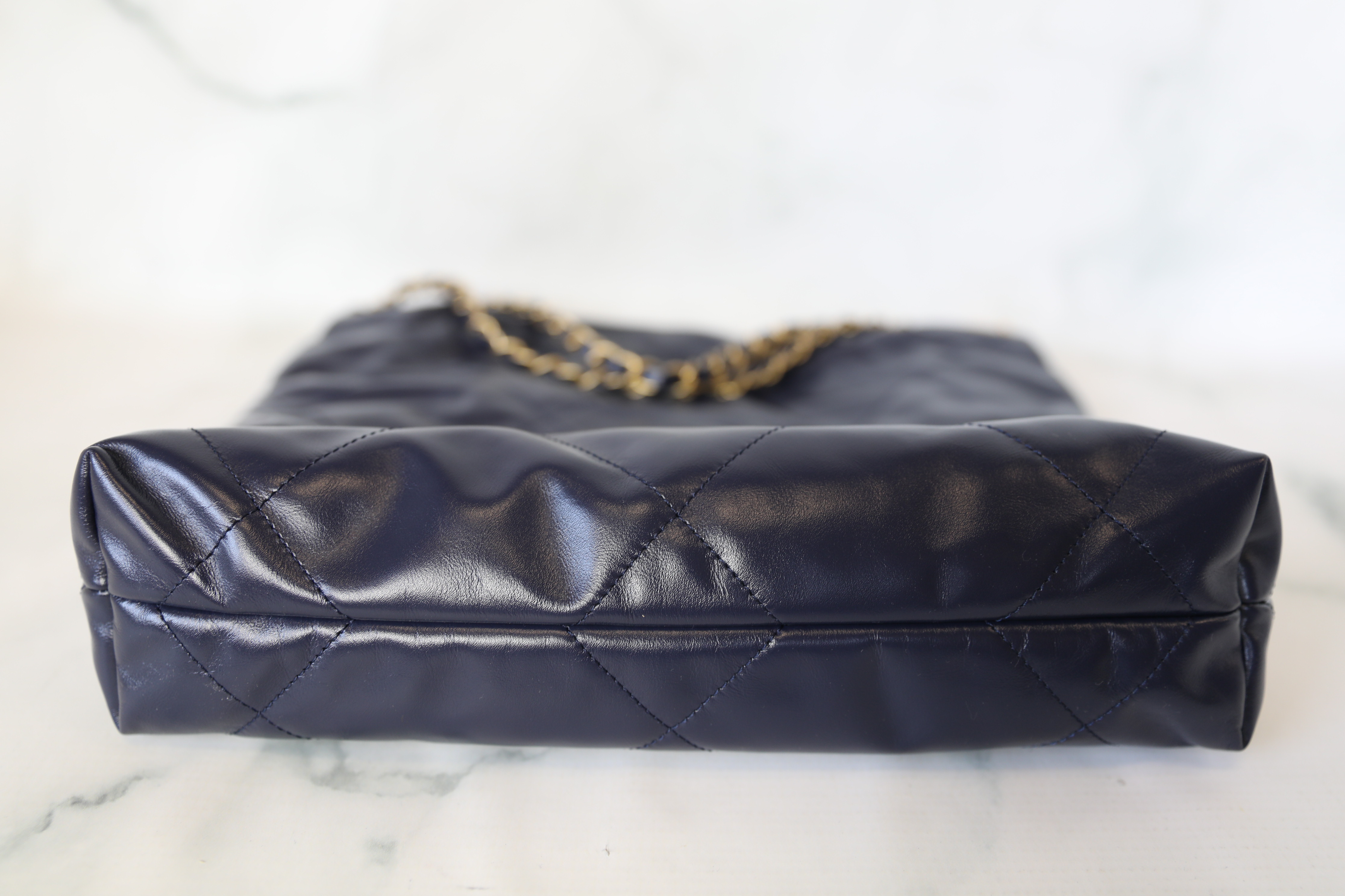 Chanel 22 Small, Navy with Gold Hardware, Preowned in Box WA001