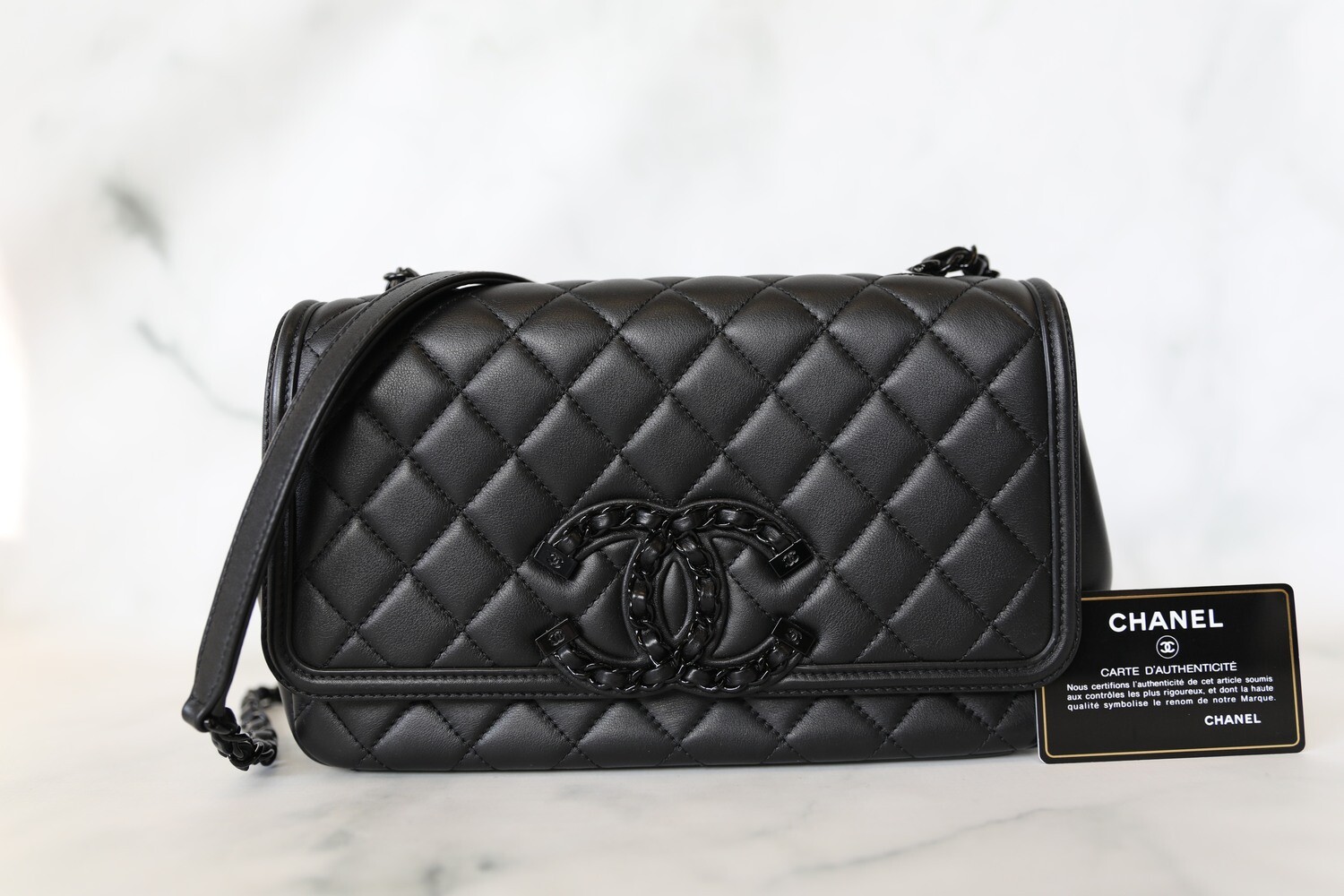 Chanel Filigree Medium Flap, So Black Lambskin, Preowned in Box WA001