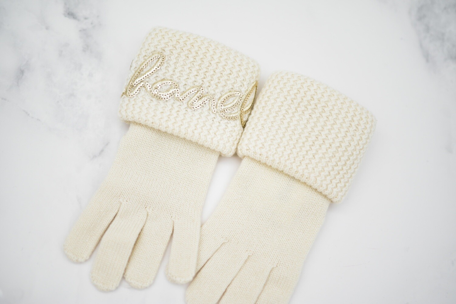 Chanel Gloves, Ivory Cashmere Knit with White Sequin Script, New No Box  GA001