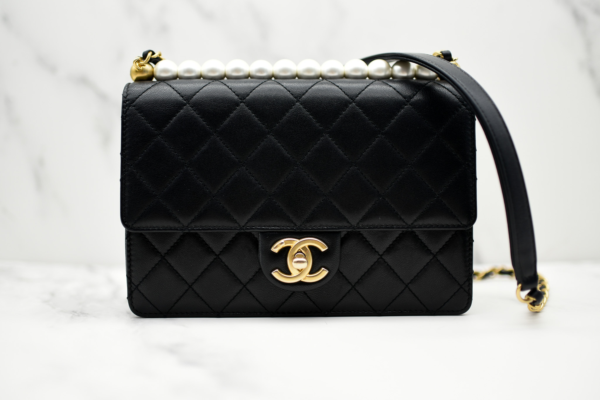 Chanel Seasonal Flap, Pearl Top Black Lambskin Leather, Brushed Gold  Hardware, Preowned in Dustbag GA001 - Julia Rose Boston